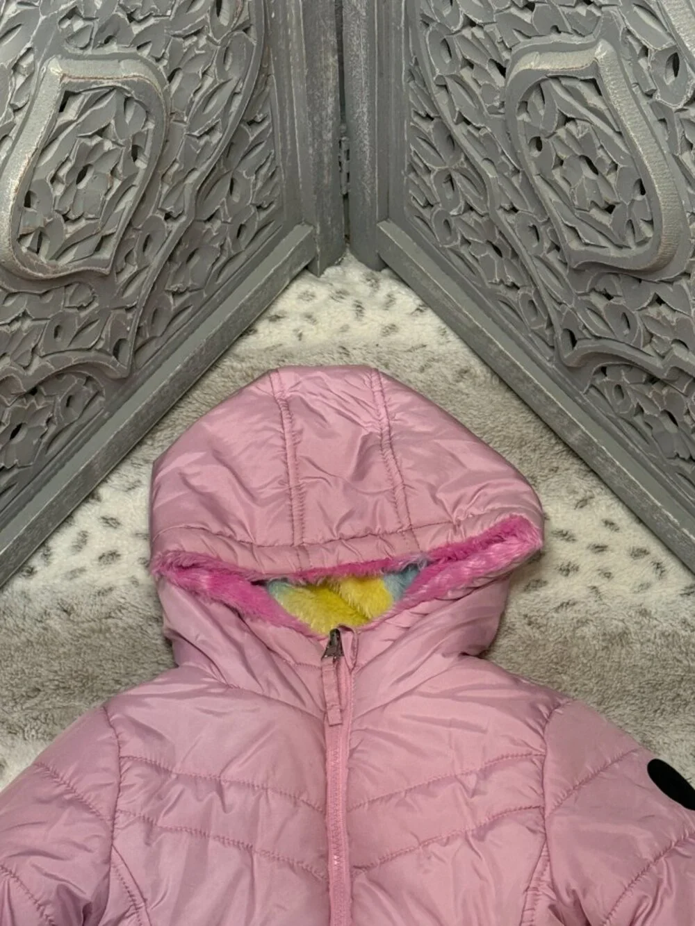 Maddeen Girl reversible rainbow faux fur puffer jacket size 6 magical fairycore